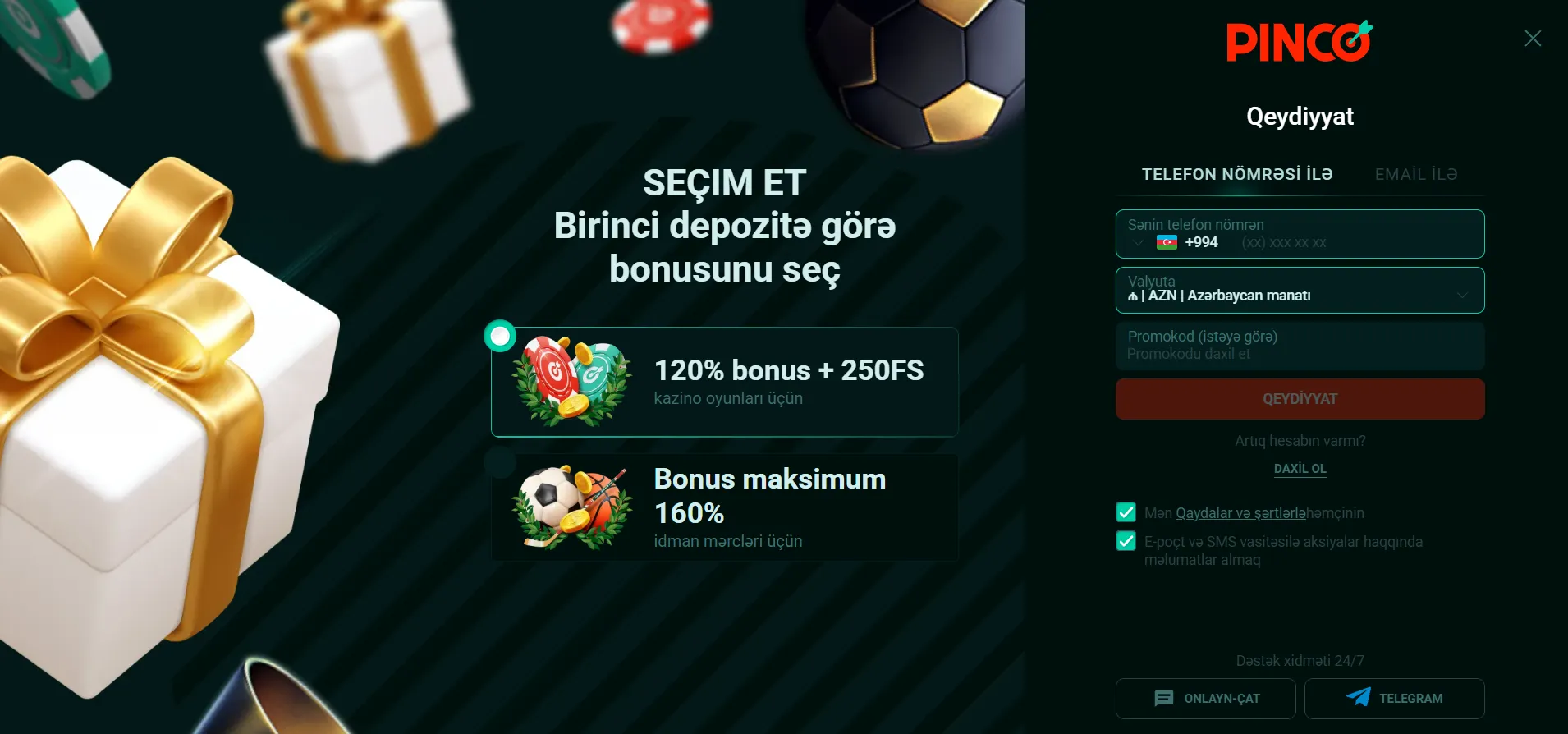 Qeydiyyat prosesi və şəxsi hesaba giriş Pinco AZ saytında